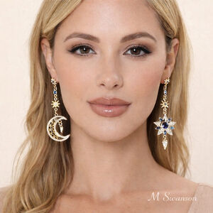 Celestial Star & Moon Mismatched Earrings Gold Faux Sapphire Cosmic Earrings NWT